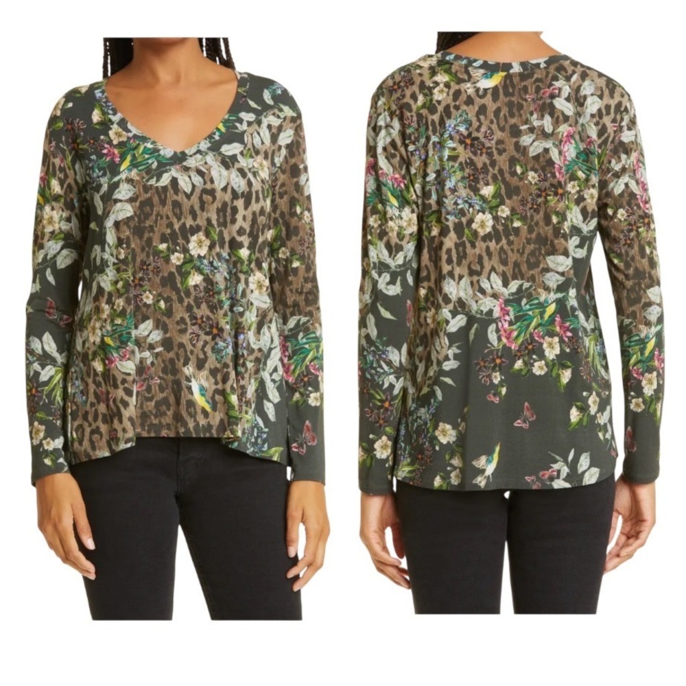 Johnny Was V-Neck Top Women XL Brown Leopard Floral Bamboo Long Sleeve Excellent